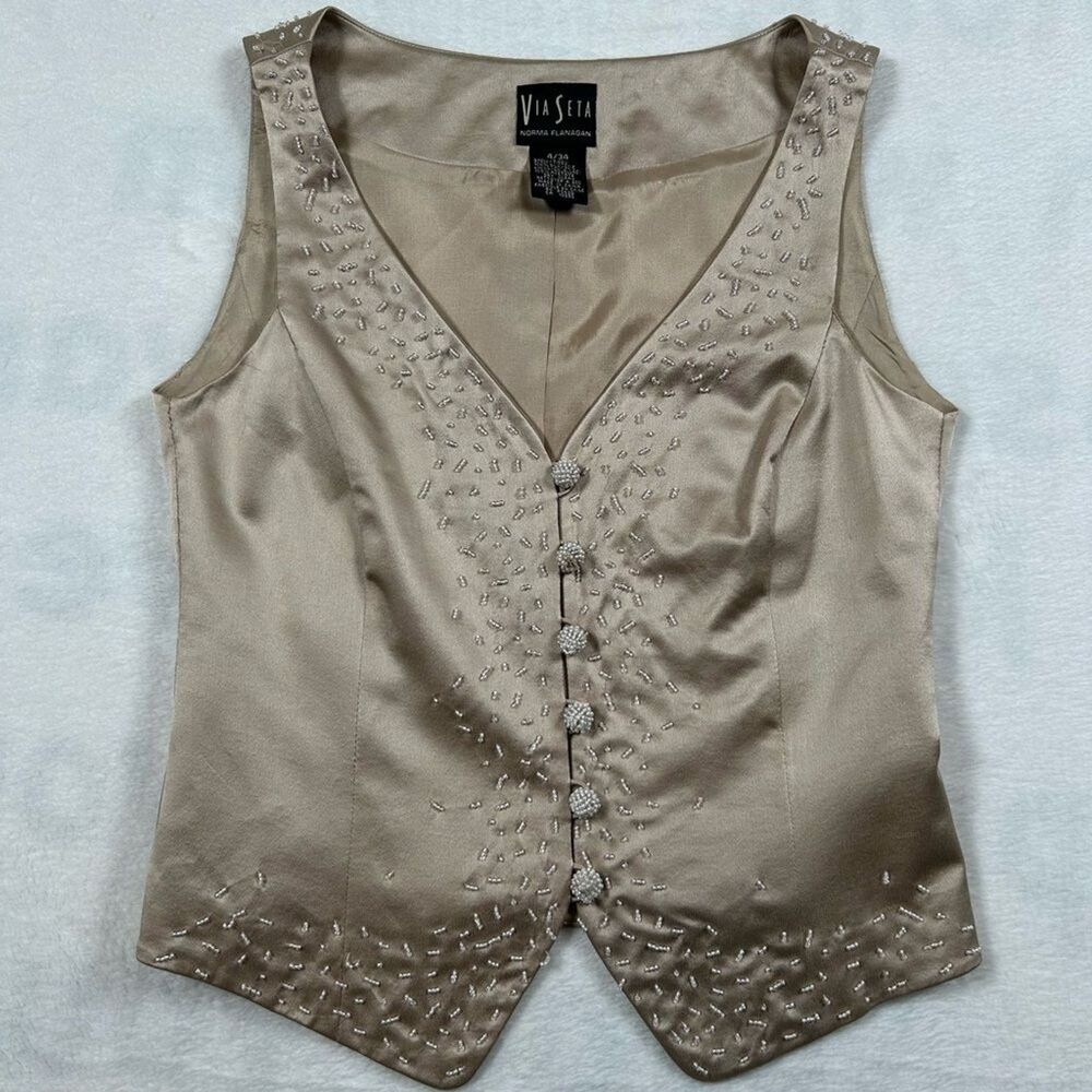 Via Seta Norma Flanagan Silk Beaded Vest Women’s Size 4 Champagne Beige
